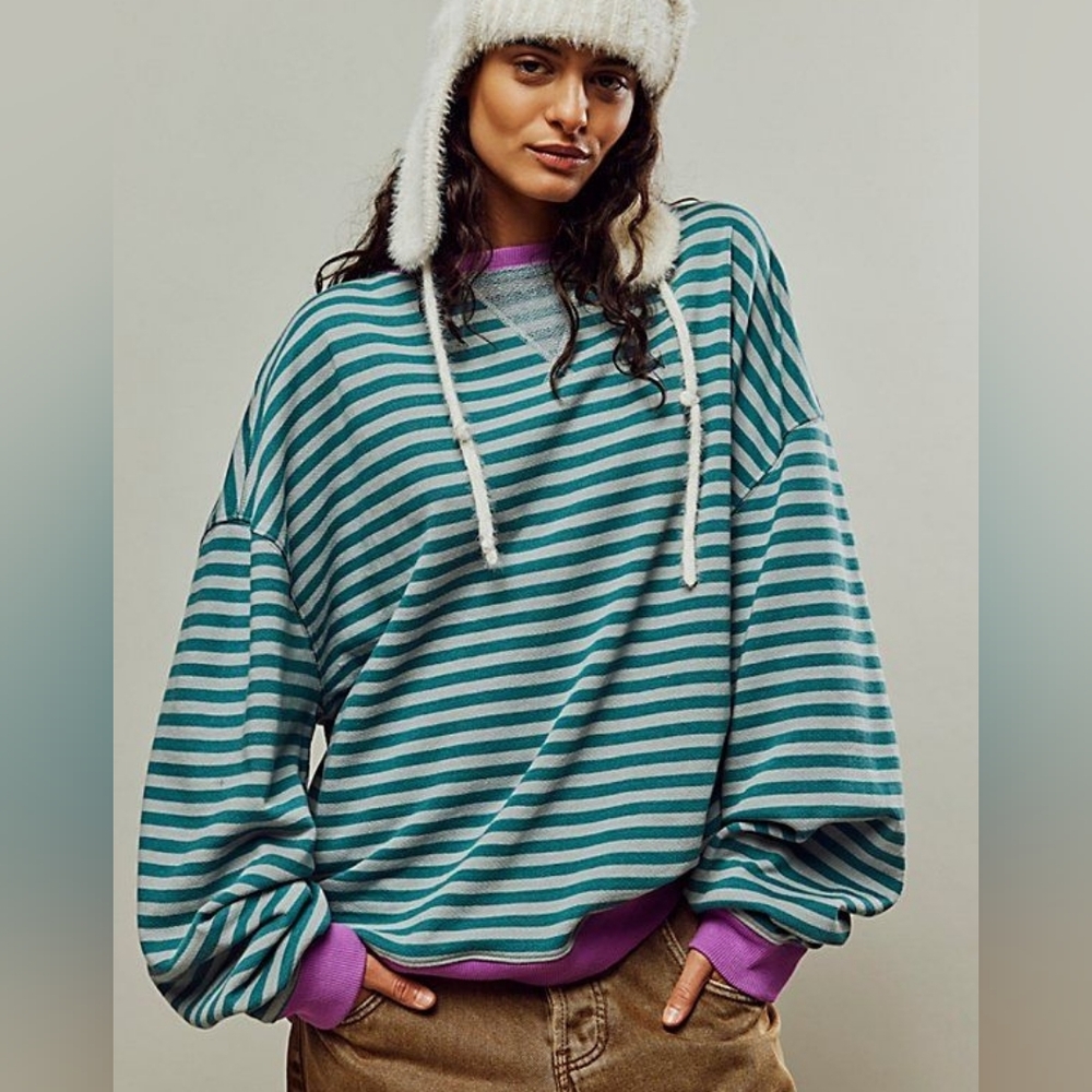 We The Free Men's Striped Gray and Purple Crewneck Sweater